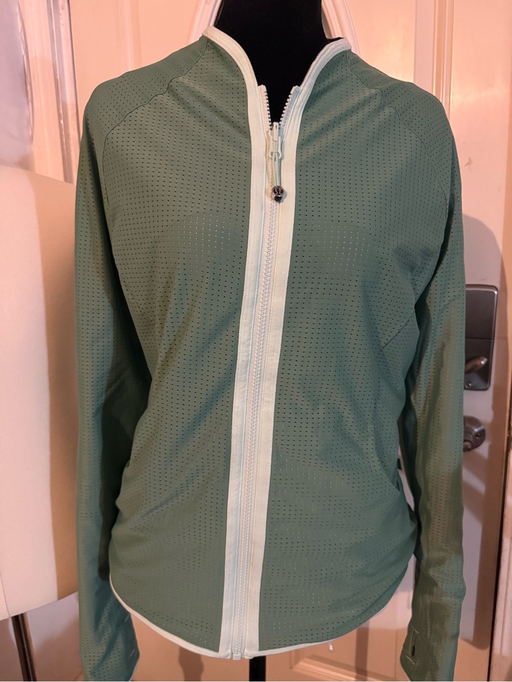 lululemon athletica Sage Green Perforated Zip Jacket with White Trim